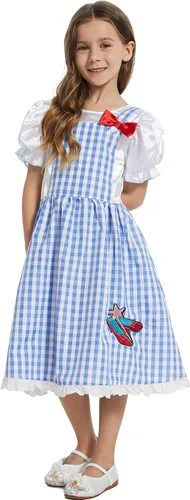 Vista 5 de WXCTEAM Disfraz de mago para niños y niñas, vestido de guinga con mangas abullonadas y estampado a cuadros