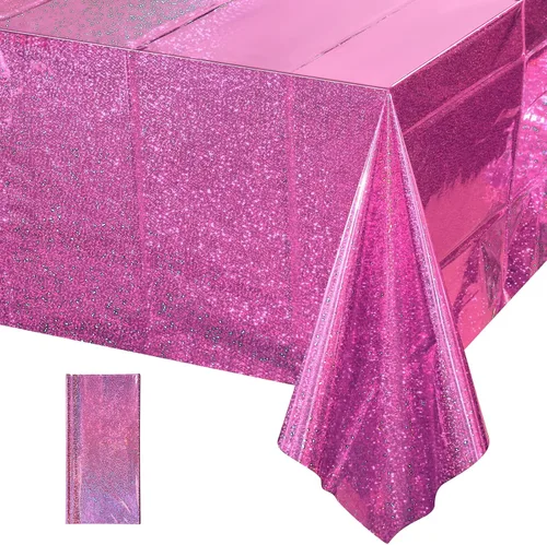 Vista 17 de Paquete de 4 manteles de plástico iridiscente brillantes desechables láser rectangulares, cubiertas de mesa, mantel de papel holográfico