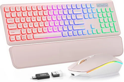 Vista 12 de Wireless Keyboard and Mouse Combo, RGB Backlit, Rechargeable & Light Up Letters, Full-Size, Soft Typing, Sleep Mode, 2.4GHz Quiet Keyboard Set for