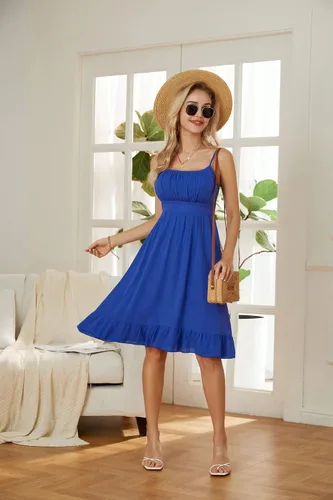 Vista 4 de GRACE KARIN Vestido floral con tirantes delgados para mujer, dobladillo con volantes, plisado, casual, vestido de verano bohemio, vestido de playa