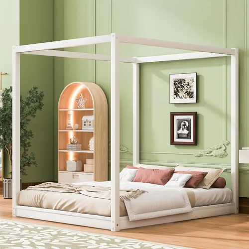 Vista 13 de Cama con dosel de metal, con plataforma de 4 postes de Coner con cabecera entrecruzada y estribo, tamaño Queen