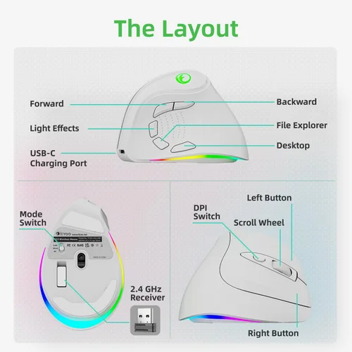 Vista 6 de Ratón ergonómico vertical inalámbrico recargable RGB de 2.4G y BT 5.1, 5 botones laterales, máximo 8400 DPI, para PC, portátil, para Windows 11 10
