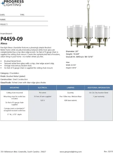 Vista 20 de Progress Lighting P4459 Alexa Candelabro de 5 luces, con pantalla de lino, de 20 pulgadas de alto., P4459-09, 100.00watts, 120.00 volts