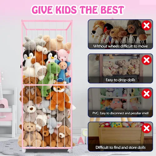 Vista 5 de Almacenamiento de animales de peluche, tubo de metal extra grande organizador de almacenamiento de juguetes con ruedas de freno, soporte
