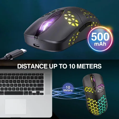 Vista 2 de WolfLawS Mouse inalámbrico para juegos KM-3 mouse USB recargable con carcasa de panal 7 botones programados 4 DPI ajustables BT50BT3024GHz mouse