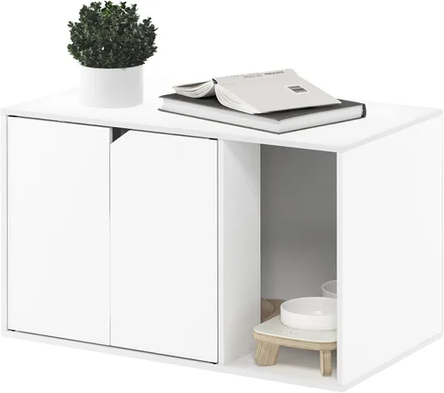 Vista 30 de Caja de arena Furinno Peli, Pequeña, Americano Entrada lateral, muebles ocultos, casa de madera para mascotas con puertas, fácil montaje