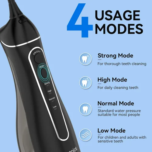 Vista 2 de Irrigador de agua portátil inalámbrico con tanque de 10.1 fl oz: irrigador oral recargable con 5 puntas para viajes, cuidado de frenillos y encías