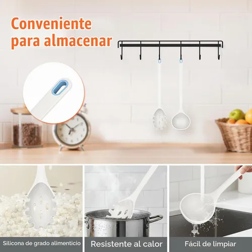 Vista 4 de Juego de 2 utensilios de cocina de silicona para espaguetis y cucharón de Blanco