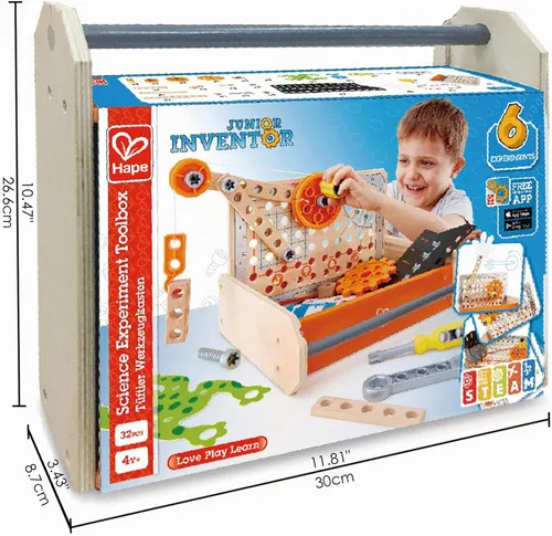 Vista 4 de Hape Caja de herramientas de experimentos científicos Kit colorido de 32 experimentos, divertido juego de juguetes educativos de ciencia