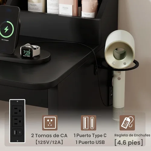 Vista 5 de Furmax Escritorio de tocador con espejo, tocador en forma de L, espejo iluminado con LED, con toma de corriente y 3 estantes de almacenamiento, mesa