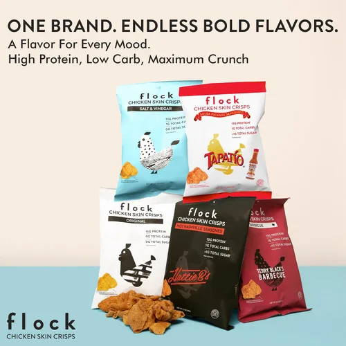 Vista 3 de Flock Chips de piel de pollo Keto Hattie B's Nashville Hot Flavor Pieles de pollo fritas bajas en carbohidratos, altas en proteínas, sin azúcar