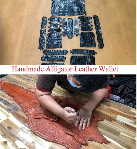 Vista 5 de Cartera hecha a mano con diseño de cocodrilo de cocodrilo y bocina de piel auténtica, bloqueo RFID hecha por artesanos vietnamitas, Bifold-dark