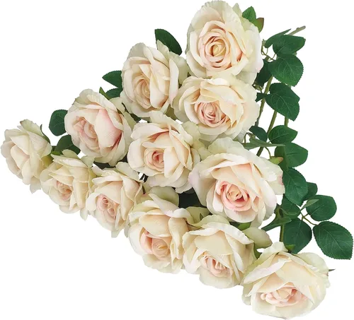 Vista 14 de ATFL Rosas Rubor, 12 Piezas de Rosas Rosa Pálido, Rosas Artificiales de Color Rosa Claro, Diámetro de la Flor 10 cm, Rosas Artificiales con Tallos