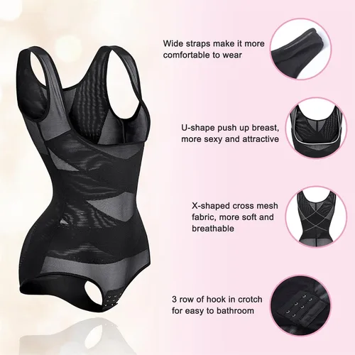 Vista 6 de BRABIC Body de malla para mujer, con control de abdomen, entrenador de cintura, levantador de glúteos, moldeador de cuerpo adelgazante, busto abierto