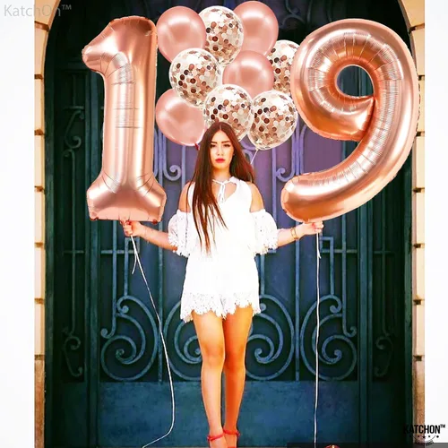 Vista 6 de KatchOn, Globos gigantes de oro rosa con el número 19, 40 pulgadas, globos de cumpleaños 19 con globos de confeti, decoraciones de feliz cumpleaños