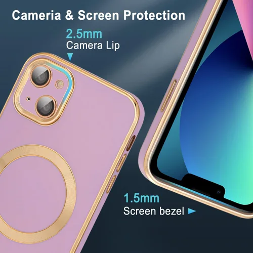 Vista 6 de QLTYPRI Funda magnética para iPhone 13 de 6.1 pulgadas, compatible con MagSafe, funda de silicona suave con borde chapado de lujo con protección