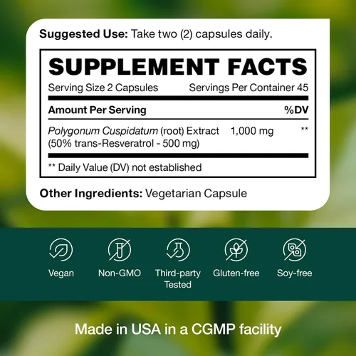 Vista 7 de Suplemento de resveratrol - Trans-resveratrol Extra Strength 750mg - Suplemento de polifenoles naturales, puros y potentes - Vegano, sin OMG, sin