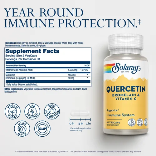 Vista 2 de SOLARAY Quercetina con Bromelina y Vitamina C - Suplemento de Apoyo Inmunológico - Complejo Antioxidante y para la Salud del Corazón con Quercetina