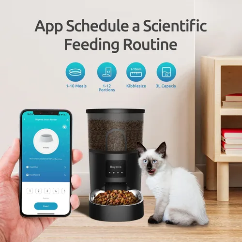 Vista 2 de Boyarca Comedero automático para mascotas de funcionamiento manual, alimentador automático para perros con bolsa desecante, alimentadores