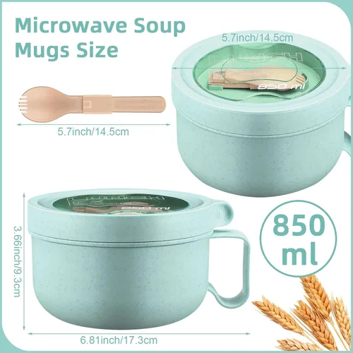 Vista 2 de Maxdot 4 piezas de tazón para microondas de ramen, tazones de sopa instantánea aptos para microondas con tapas, tazones grandes de sopa con asas