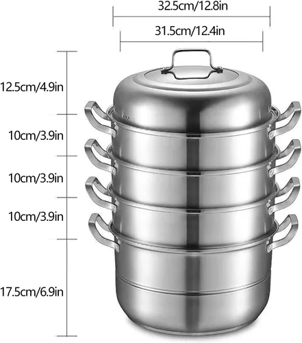 Vista 3 de Olla de vapor de acero inoxidable 304 – Vaporizador de alimentos de 5 niveles de 12.8 pulgadas con tapa para verduras, mariscos, pastas, utensilios