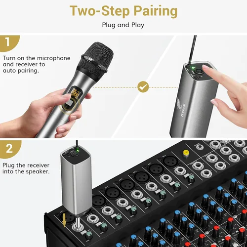 Vista 4 de TONOR Micrófonos inalámbricos, sistema de micrófono dinámico de metal inalámbrico dual UHF con receptor recargable, para canto de karaoke, boda, DJ