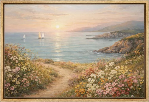 Vista 18 de SIGNLEADER Impresión en Lienzo Enmarcado Arte de Pared Prado Cálido de Verano con Flores Silvestres Ilustraciones Florales Vibrantes Arte Moderno
