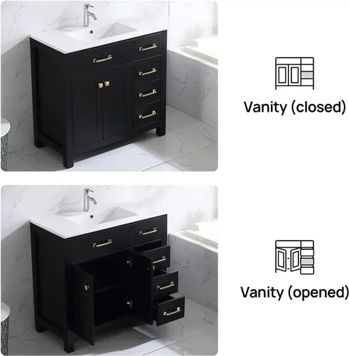 Vista 5 de wonline Lavabo de baño negro de 36 pulgadas y fregadero de cerámica empotrado para fregadero de cerámica con tocador de espejo, juego de tocador