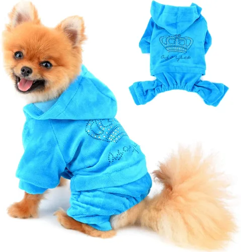 Vista 9 de Ropa para perritas para perros pequeños, conjuntos lindos para perritos, corona de diamantes de imitación elástica, pijamas suaves de terciopelo