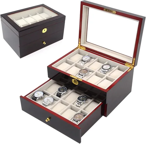 Vista 2 de LOYALHEARTDY Caja de reloj de madera de 20 ranuras, joyería y reloj de exhibición Oraorganization de 2 capas soporte de reloj de madera