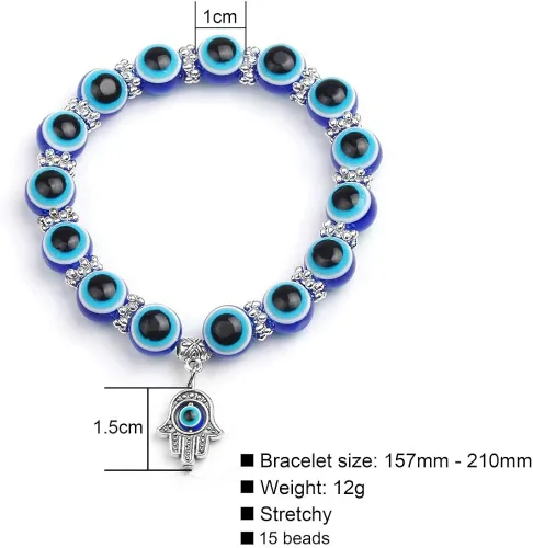 Vista 3 de Juego de 4 pulseras elásticas de cuentas de cristal turco contra el mal de ojo, amuleto de protección de hebras de cristal, amuleto de Fatima Hamsa