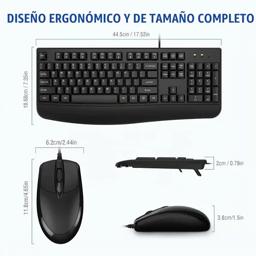 Vista 6 de EDJO - Combo de teclado y mouse con cable, teclado ergonómico de tamaño completo para computadora con reposamanos y mouse óptico con cable