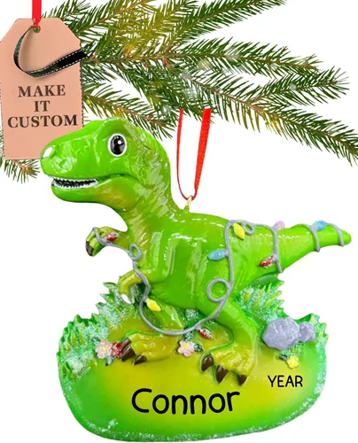 Vista 10 de Adorno de dinosaurio verde personalizado 2025 Personalización gratuita las 24 horas Adornos de Navidad para niños grabados con láser para árbol