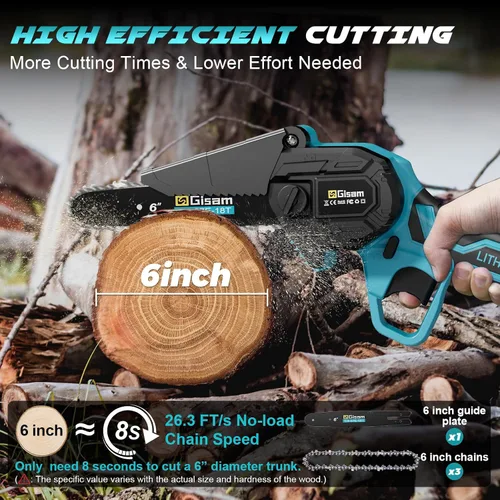 Vista 4 de Mini motosierra inalámbrica sin escobillas, motosierra eléctrica de mano de 6 pulgadas con 2 baterías y engrasador automático, herramienta