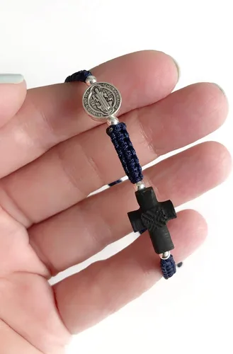 Vista 6 de Pulsera de protección de San Benito con cruz de Azabache real empoderada espiritual para hombre