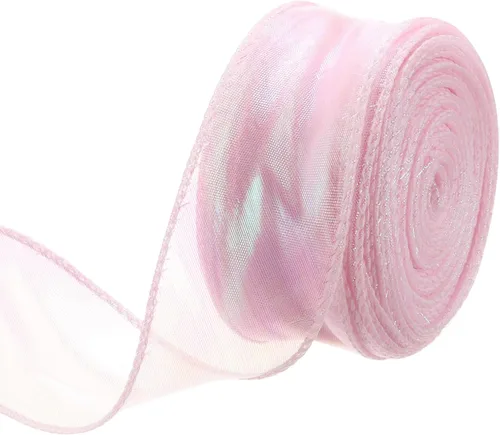 Vista 41 de MECCANIXITY - Cinta de organza con cable de 1 1/2" de ancho, brillante, transparente, con brillo irisado en tonos pastel, cinta de gasa para Beige