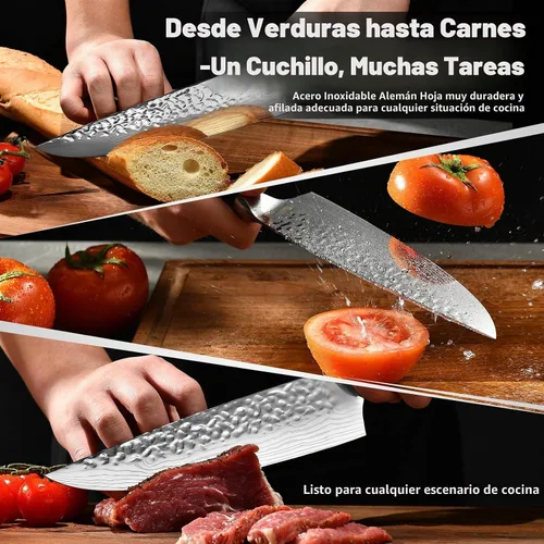 Vista 6 de Cuchillo de chef japonés de acero 7CR13 de 8 pulgadas, mango de madera de Pakka negra con triple remache con proceso de forja extra, regalos