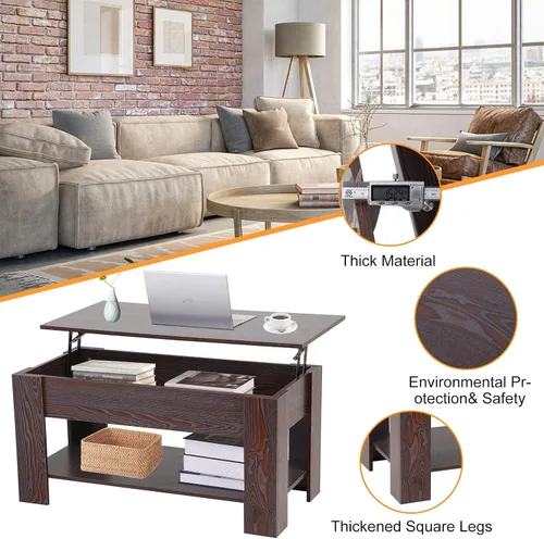 Vista 6 de Mesa de centro elevable para sala de estar, mesa de centro de madera con estante de almacenamiento/compartimento oculto, mesa de centro moderna
