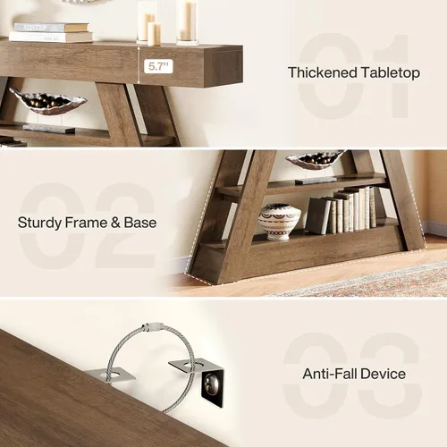Vista 7 de Tribesigns Mesa consola de madera de 63 pulgadas con estantes de almacenamiento, mesa de sofá de entrada larga rústica detrás del sofá para sala
