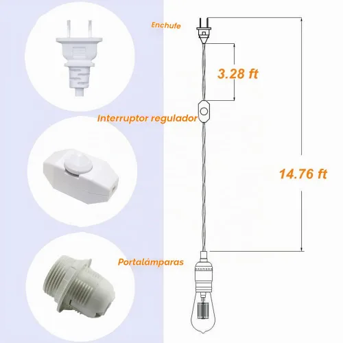 Vista 4 de Cable de luz colgante enchufable con interruptor de atenuación, kit de cable de lámpara colgante de 15 pies con luz E26/E27Socket Swag con ganchos