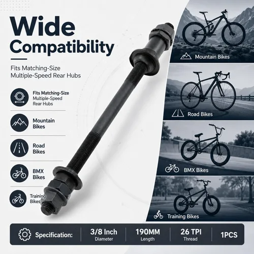 Vista 9 de Eje de bicicleta de 7.480 in de velocidad múltiple eje trasero eje 3/8 pulgadas negro 26 TPI eje eje de cubo cónico bloqueo tuerca arandela kit -1