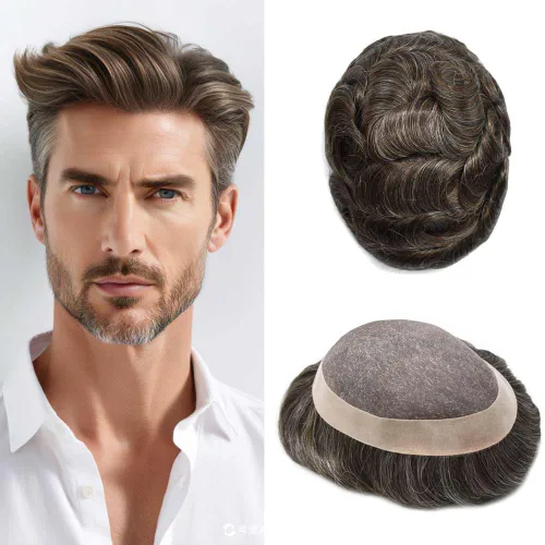 Vista 10 de Fine Mono Men Hair System Mens Toupee Real Human Hair Pieces For Men's Toupee Hair System For Men Hair Piece Natural Hairline 6X8 densidad de luz