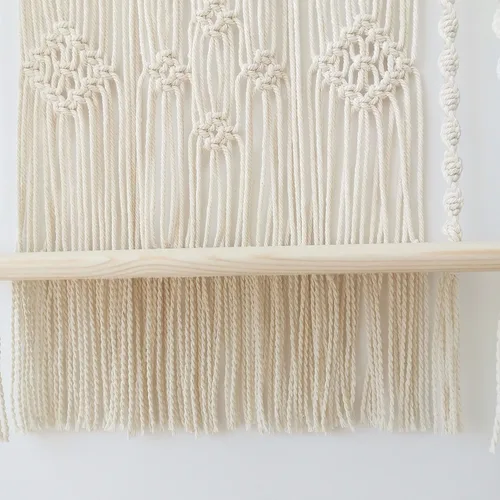 Vista 5 de Estante colgante de pared de macramé, bohemio decorativo para plantas flotantes, estante colgante de madera, colgador de almacenamiento de madera