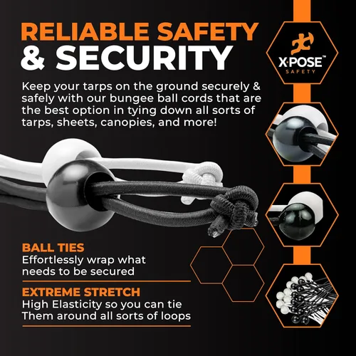 Vista 4 de Xpose Safety Cuerdas elásticas de bolas de 6 pulgadas, paquete de 10 cuerdas elásticas resistentes de colores surtidos en blanco y negro con lazos