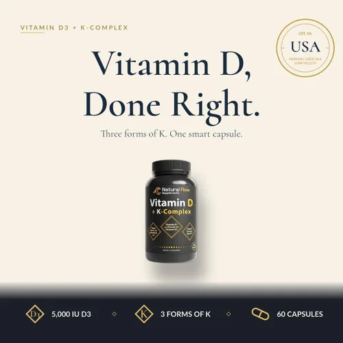 Vista 7 de Vitamina D3 de flujo natural con complejo K2 - 5,000 UI D3 + Complejo K completo (K1, MK-4, MK-7) + FOS - Apoyo óseo, corazón e inmunológico