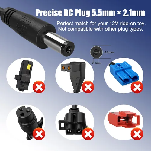 Vista 4 de Cargador de juguete de 12 V, enchufe redondo de 0.217 in x 0.083 in, cable de 6.6 pies For 12V ride-on cars, SUVs, bumper cars, tractors and