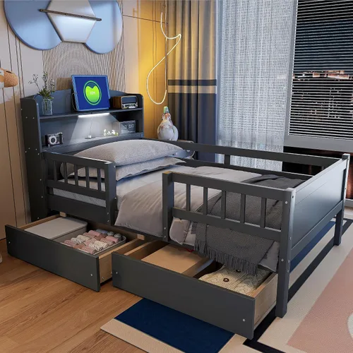 Vista 4 de Twin Size Bed Frame with Multi-Shelf Storage Headboard,USB Ports and LED Light,Space Saving Solid Wood Platform Bed with 2 Drawers and Full-Length