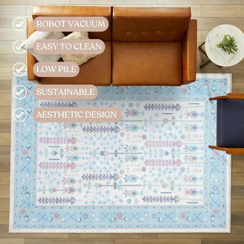 Vista 4 de Fame Living Alfombra Oushak Crema Azul, Alfombras Pequeñas Modernas, Vintage, Turca, Ecléctica, Floral, Pastel, Lavable, Tapete para Puerta, Felpudo