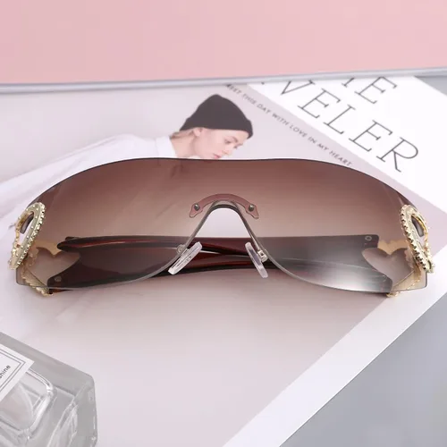 Vista 6 de Pro Acme Gafas de sol envolventes Y2K sin montura para mujeres y hombres, gafas de sol futuristas de gran tamaño, protección superior plana, moda