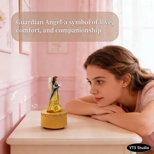 Vista 4 de Caja de música, figurita de caja musical del Ángel Guardián sosteniendo un corazón, cajas musicales esculpidas pintadas a mano, figuras de cajas